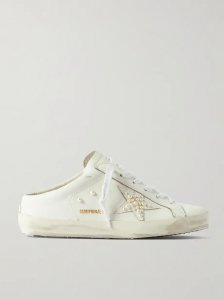 Superstar Sabotfaux pearl-embellished distressed leather slip-on sneakers