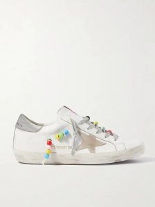 Superstar bead-embellished distressed leather and suede sneakers