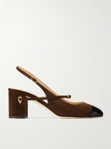 Mattia patent leather-trimmed suede slingback pumps