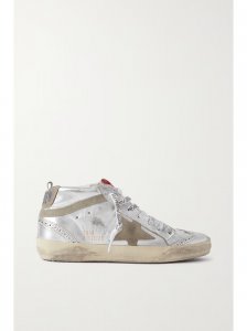 Mid Star distressed suede-trimmed metallic leather sneakers