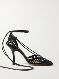 Lace-up leather-trimmed mesh pumps