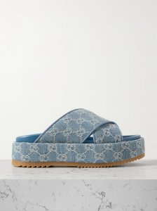 Angelina denim-jacquard platform slides