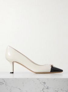 Bria embellished patent-leather trimmed smooth leather pumps