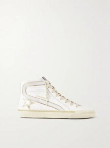 Slide distressed suede and metallic-trimmed leather high-top sneakers