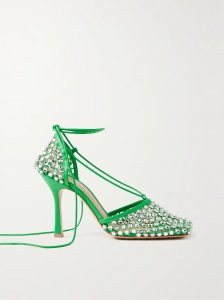 Leather-trimmed crystal-embellished mesh pumps