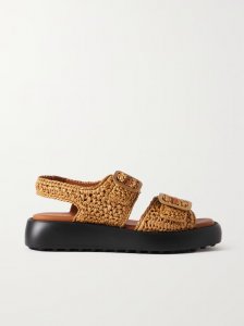 Buckled leather-trimmed raffia sandals