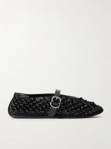 Patent leather-trimmed studded mesh ballet flats