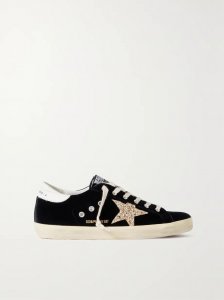 Super-Star eyelet-embellished distressed glittered leather and velvet sneakers