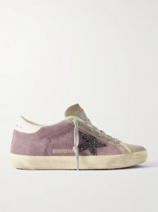 Super-Star leather-trimmed distressed glittered suede sneakers