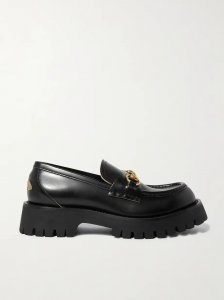 Horsebit-detailed metallic embroidered leather platform loafers