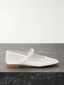 Leather-trimmed mesh Mary Jane ballet flats