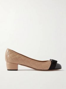 Vara embellished patent-trimmed quilted leather pumps