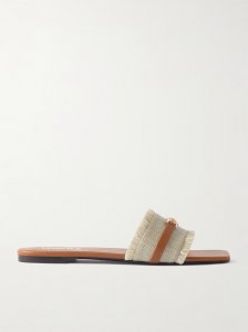 Embellished leather-trimmed raffia mules