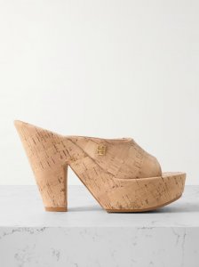 Doll embellished faux cork platform mules