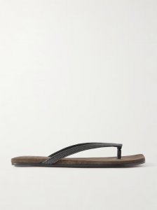 Bead-embellished leather flip flops