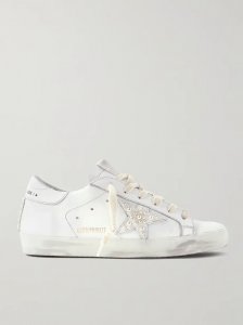 Superstar faux pearl-embellished distressed leather sneakers