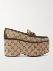 Horsebit leather-trimmed canvas-jacquard platform loafers