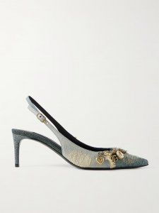 Embellished frayed distressed denim slingback pumps