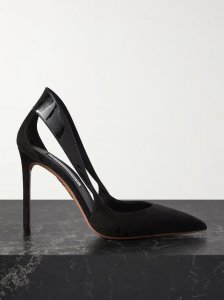 Dangerous Liasions 105 cutout patent leather-trimmed suede pumps