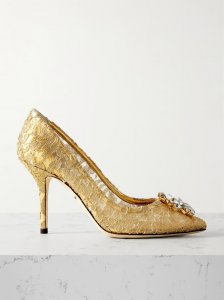 Bellucci crystal-embellished metallic corded lace pumps