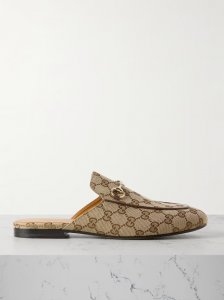 Princetown horsebit-detailed leather-trimmed canvas-jacquard slippers