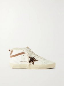 Mid Star shearling-lined distressed leopard-print calf hair, suede and leather sneakers