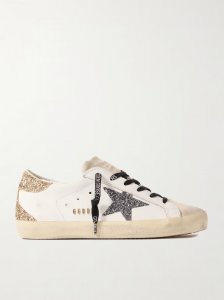 Super-Star distressed suede-trimmed glittered leather sneakers