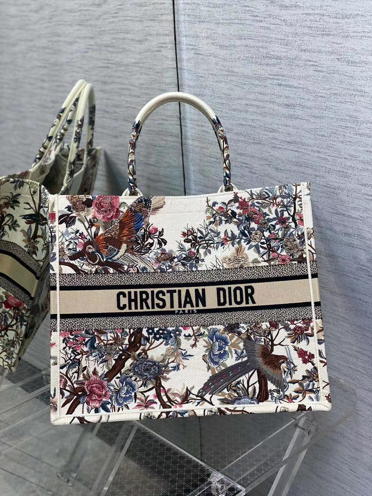 Christian Dior Book Tote In Ecru Multicolor Dior Jardin d’Hiver Embroidery (White)