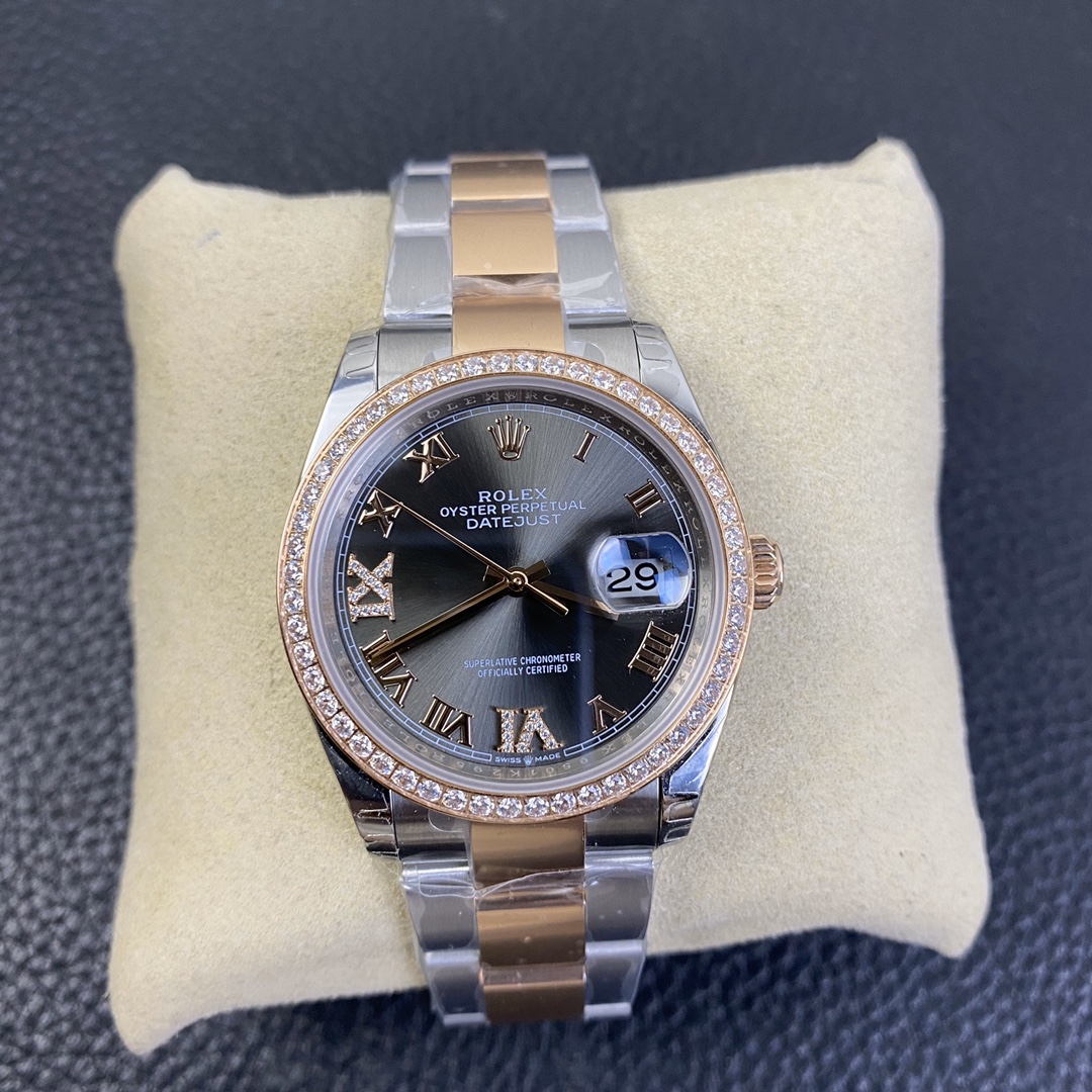 Rolex Datejust 36 Series, Top-of-the-Line Model with Gold Roman Numerals and Diamond Bezel