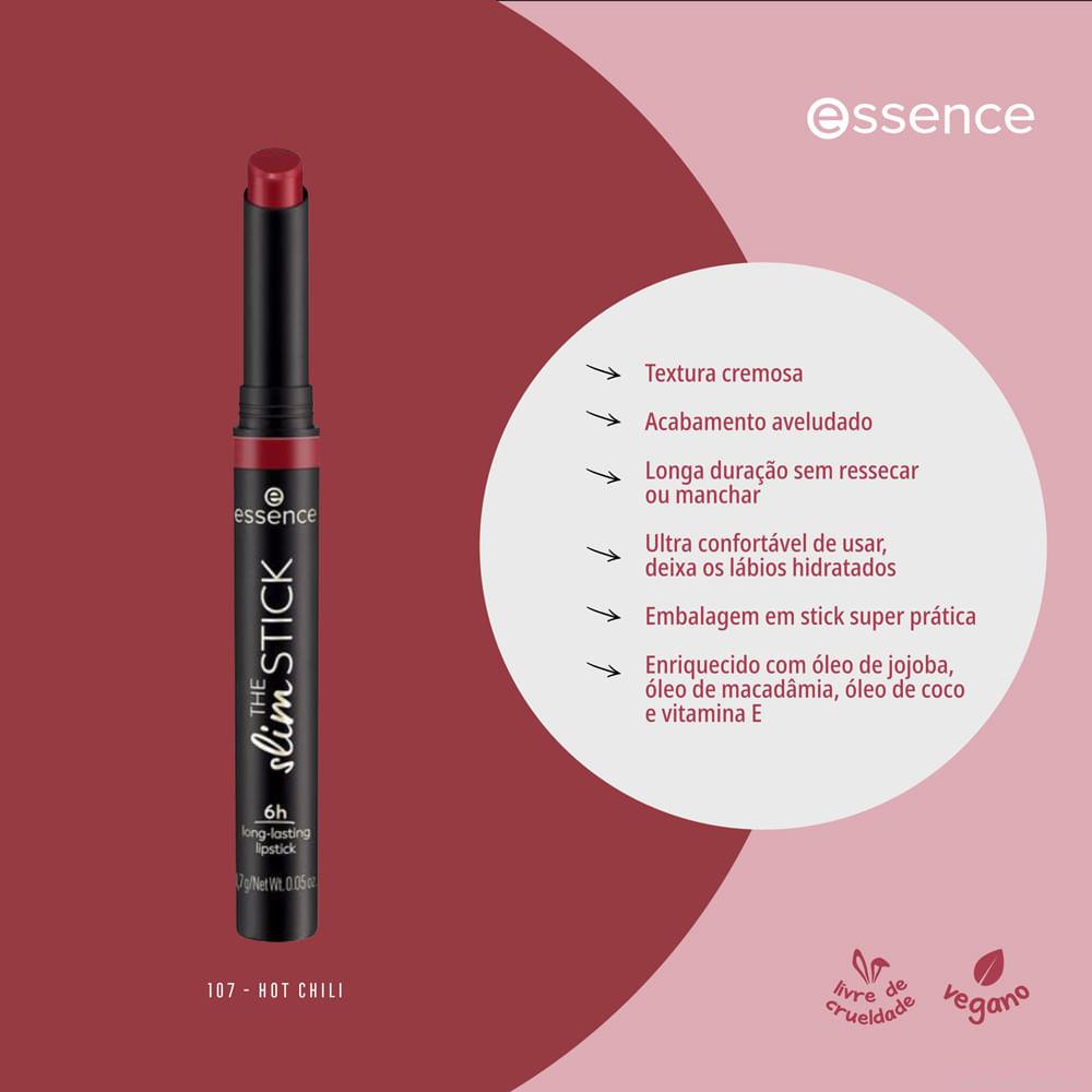 Batom Cremoso Aveludado Essence The Slim Stick 107 Hot Chili 1,7 g