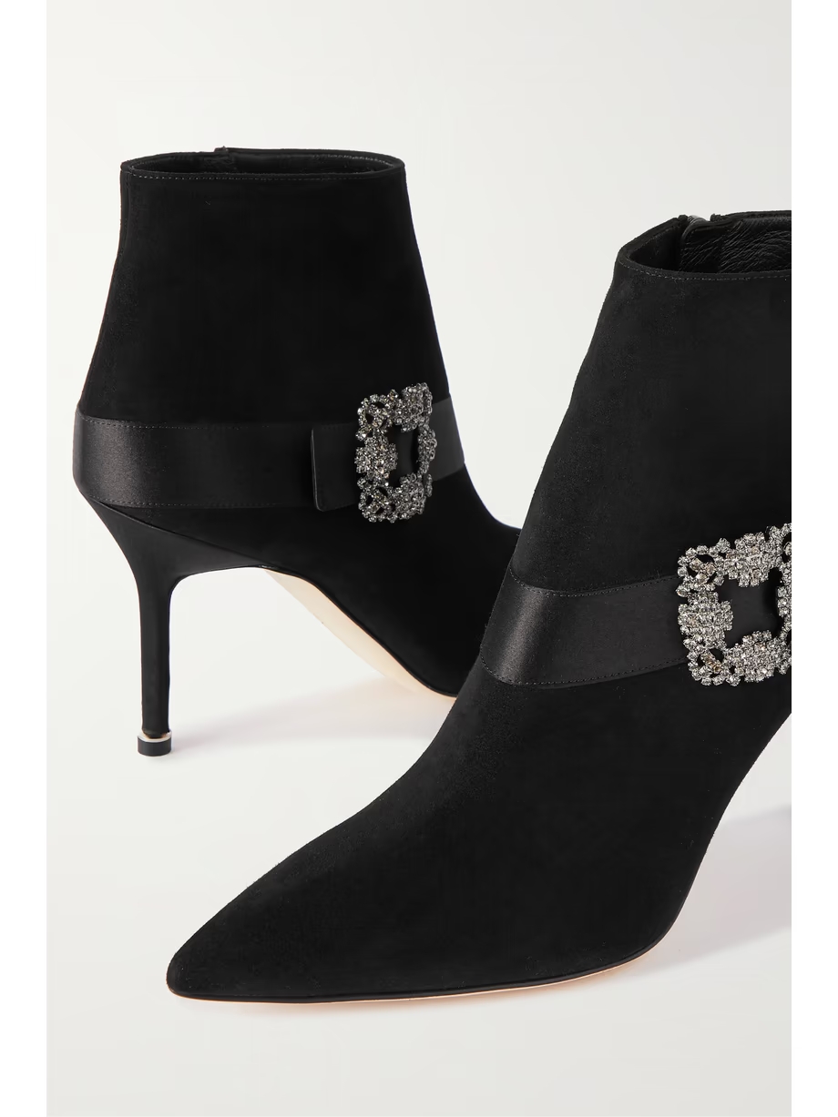 Plinianu 90 crystal-embellished satin-trimmed suede ankle boots