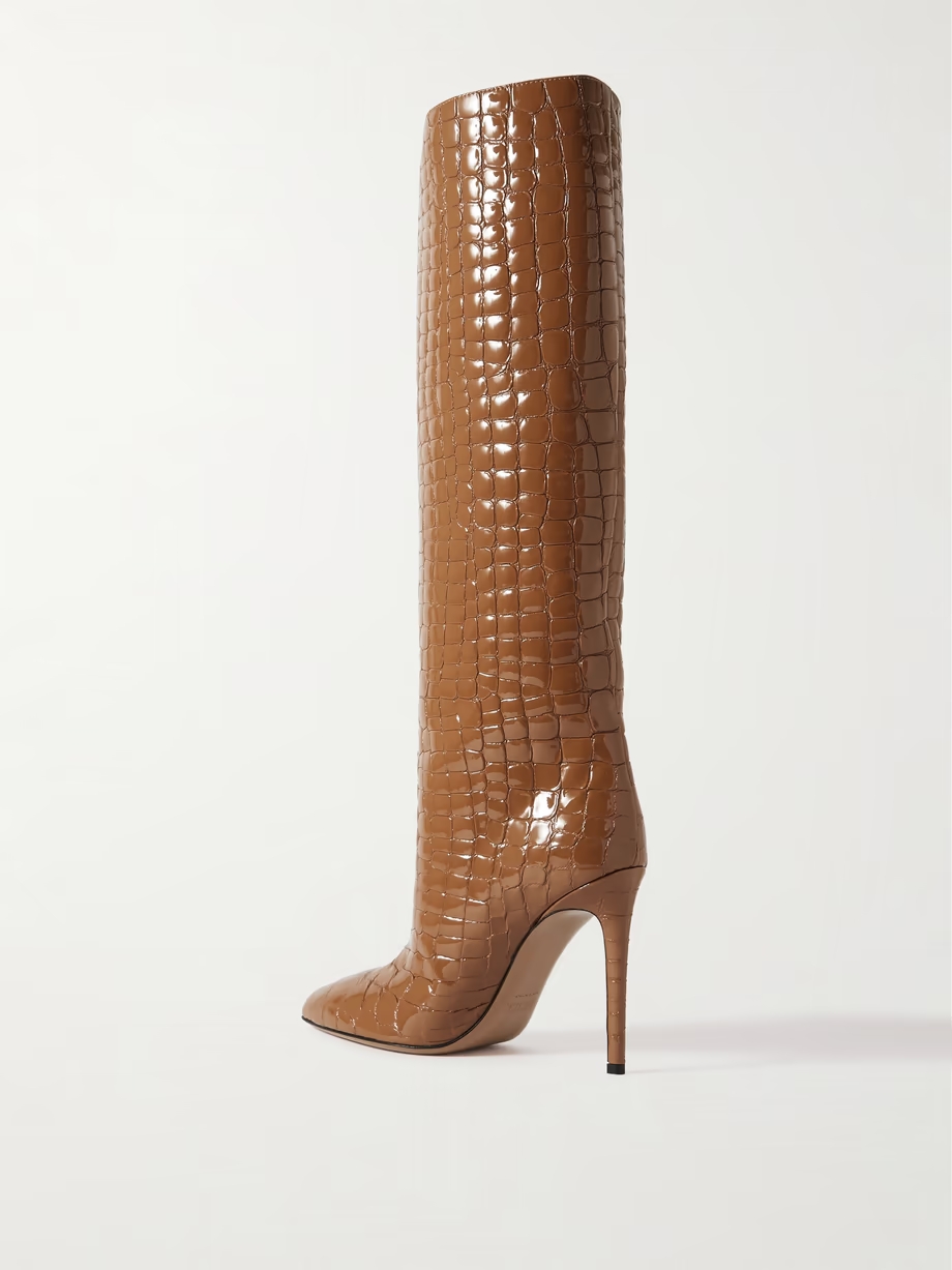 Croc-effect leather knee boots