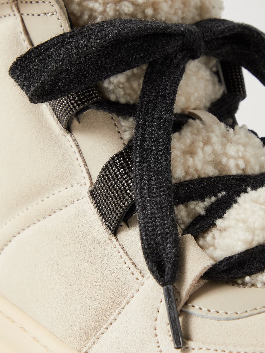 Bead-embellished shearling-trimmed suede ankle boots