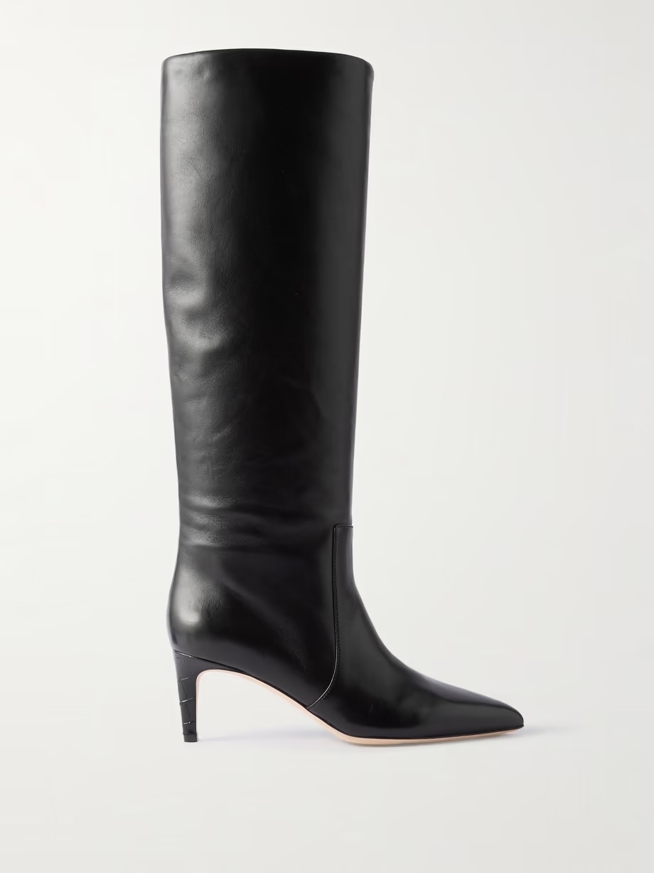 Stiletto croc-effect trimmed leather knee boots