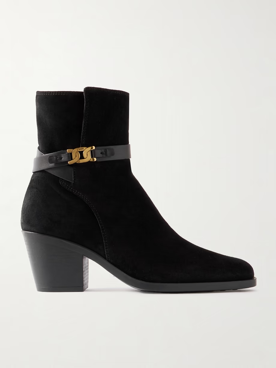 Embellished leather-trimmed suede ankle boots