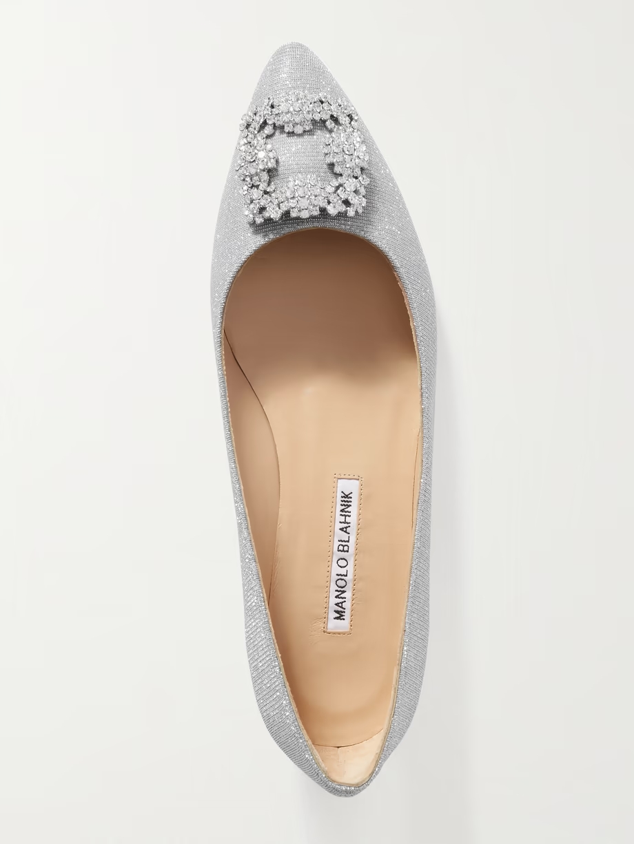 Hangisi embellished glittered satin point-toe flats