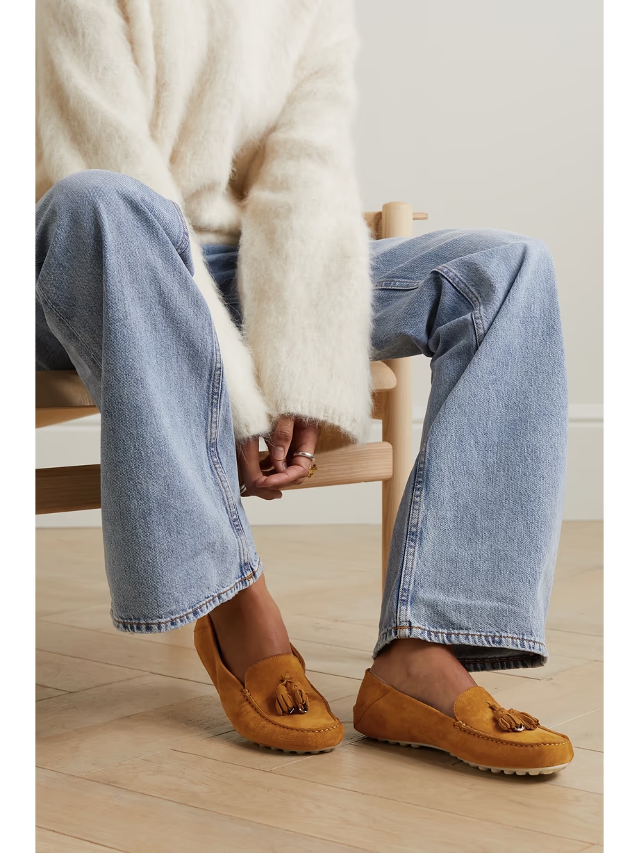 Tasseled suede collapsible-heel loafers