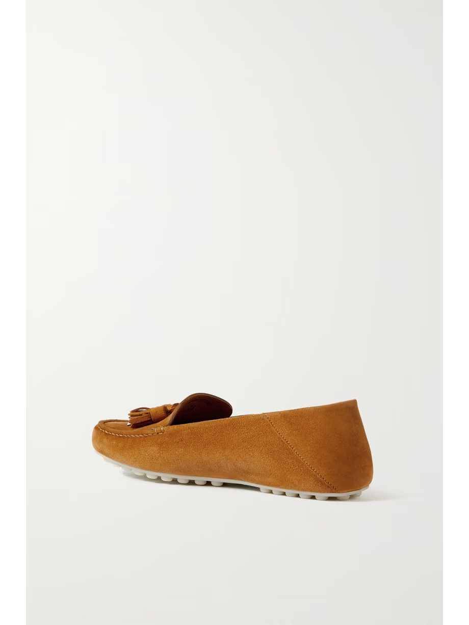 Tasseled suede collapsible-heel loafers