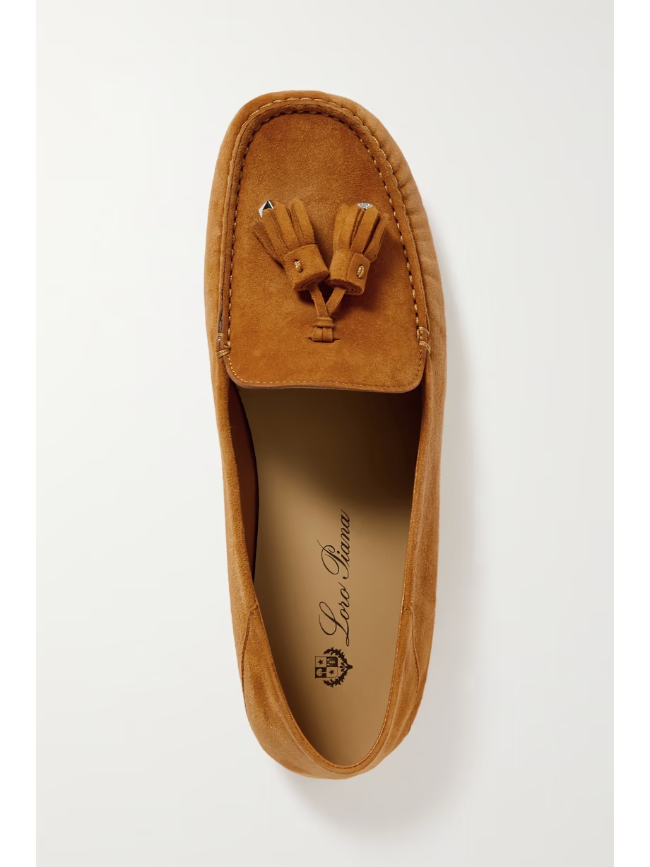 Tasseled suede collapsible-heel loafers