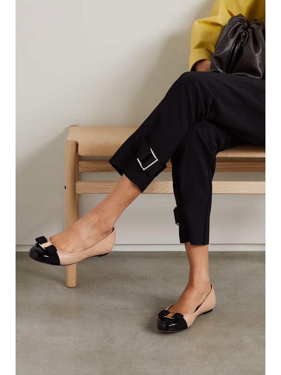 Varina bow-embellished quilted smooth and patent-leather ballet flats