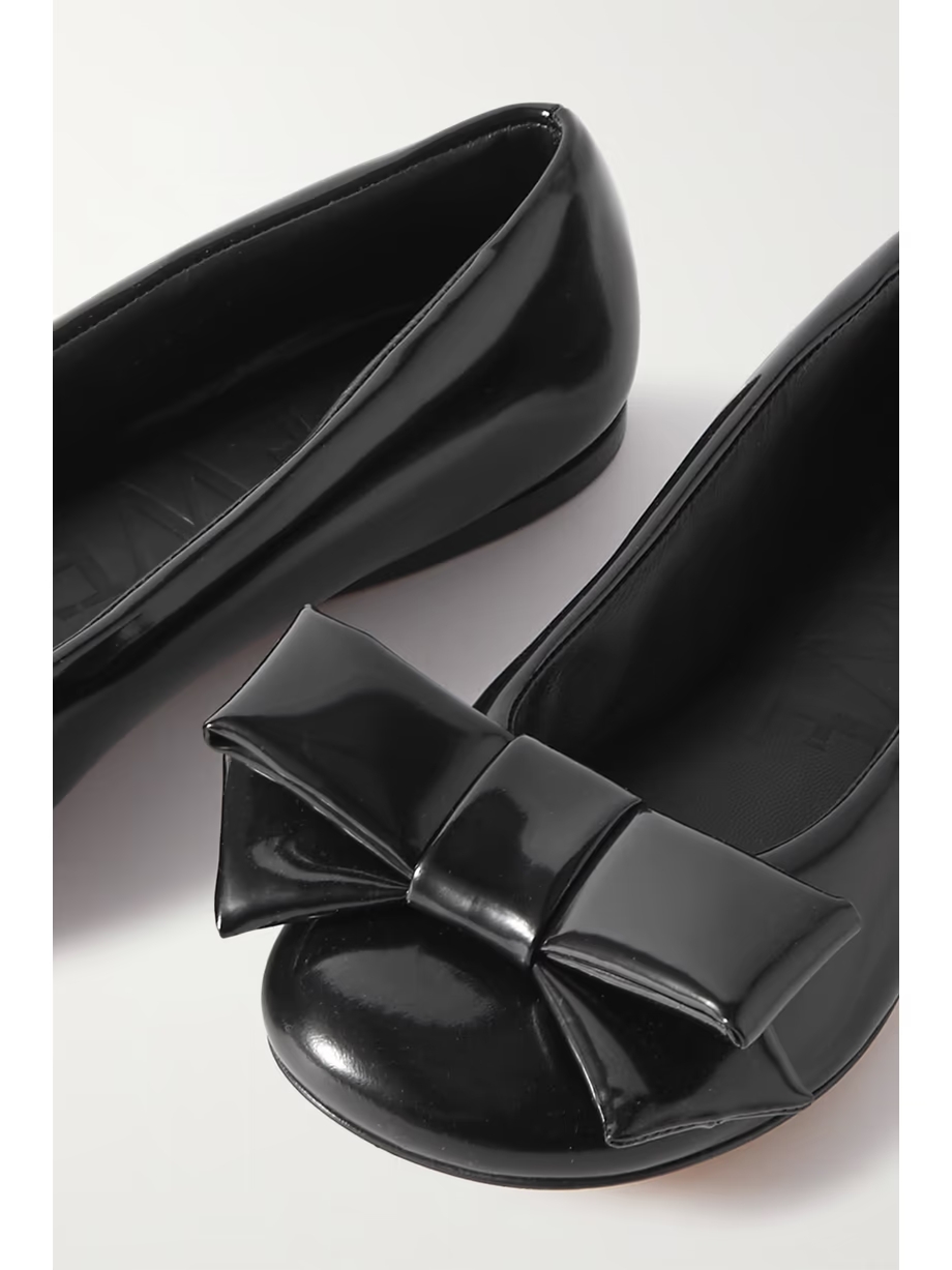 Puffy bow-detailed glossed-leather ballet flats