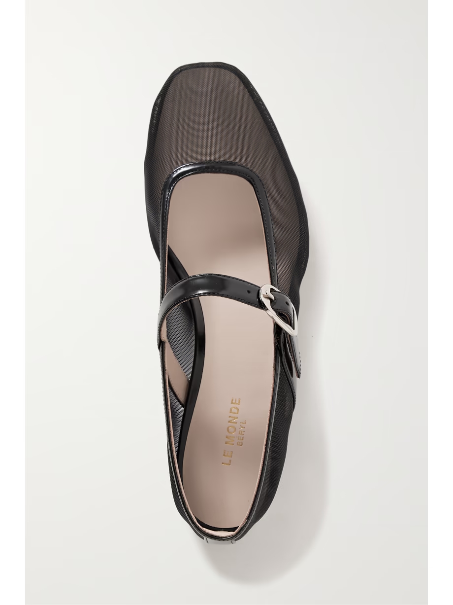 Patent leather-trimmed mesh Mary Jane ballet flats