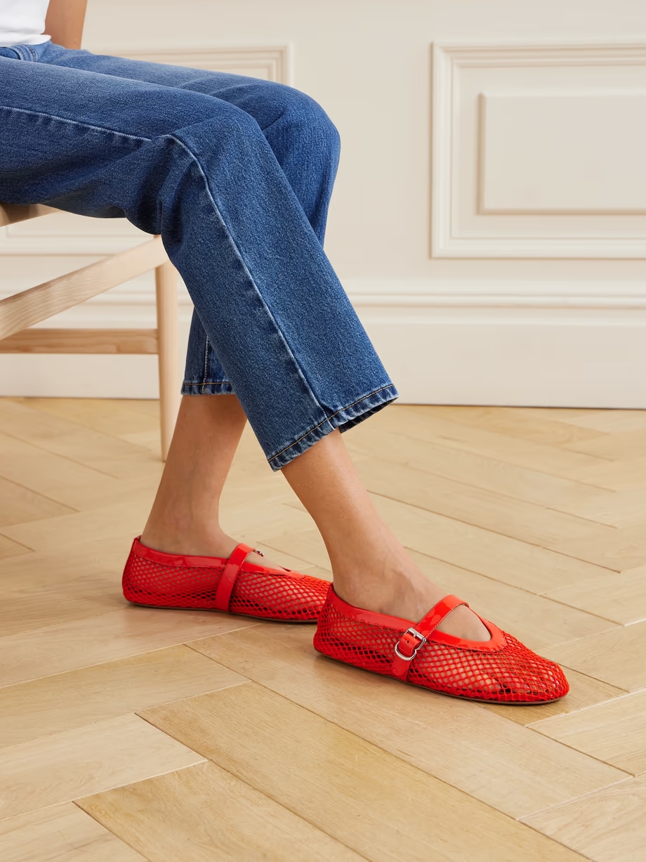 Patent leather-trimmed mesh ballet flats