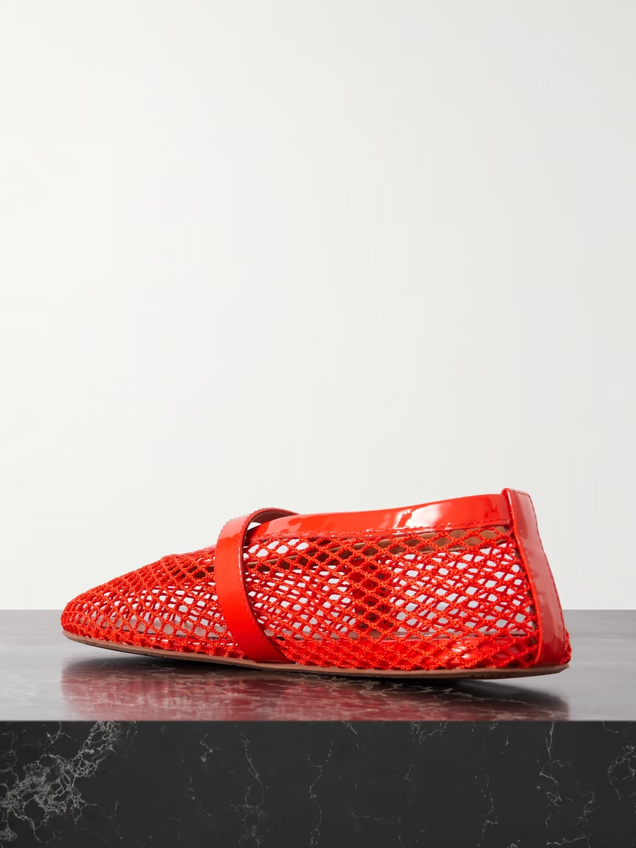 Patent leather-trimmed mesh ballet flats