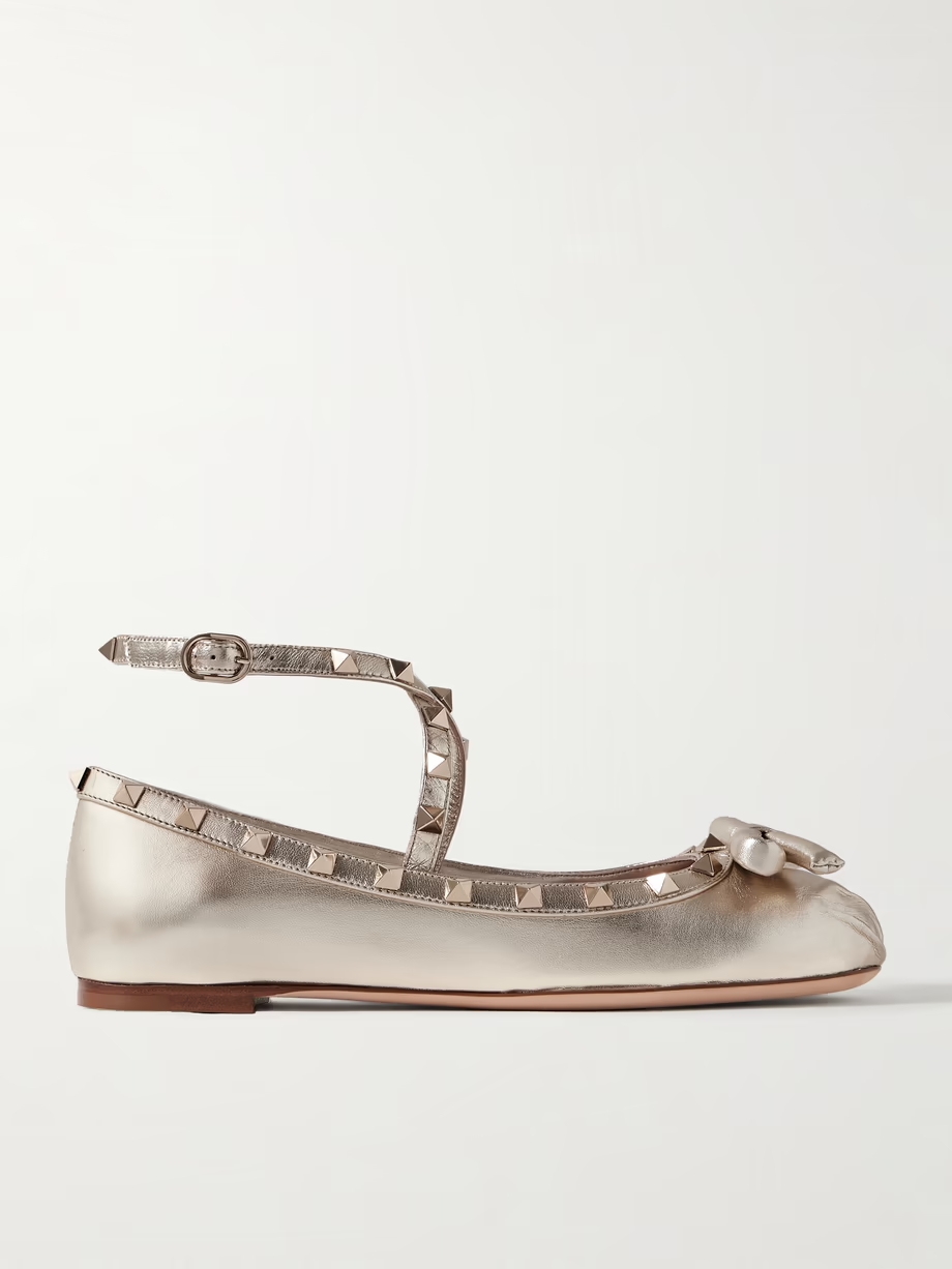 Rockstud metallic leather ballet flats