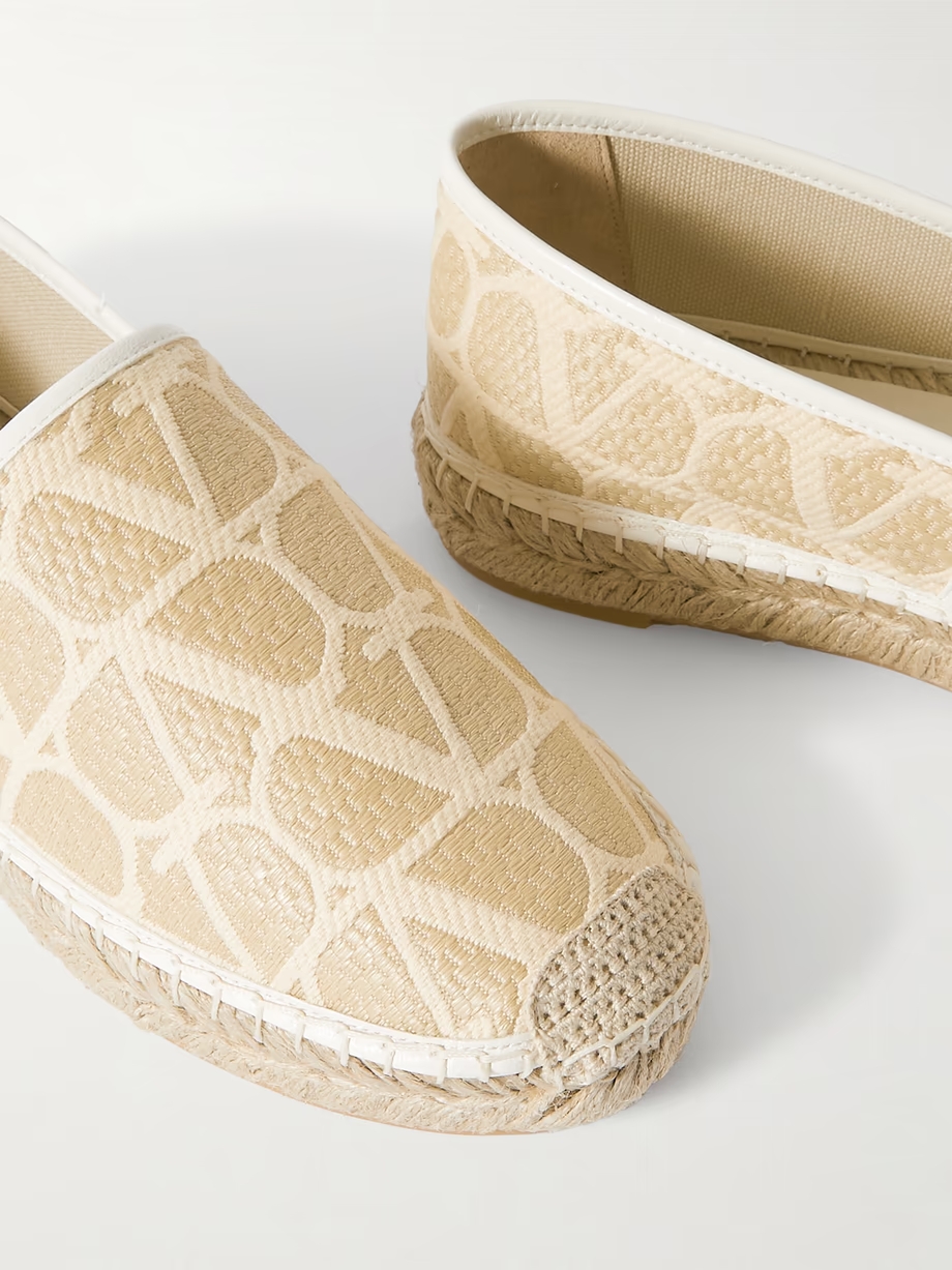 Leather-trimmed jacquard-woven raffia espadrilles