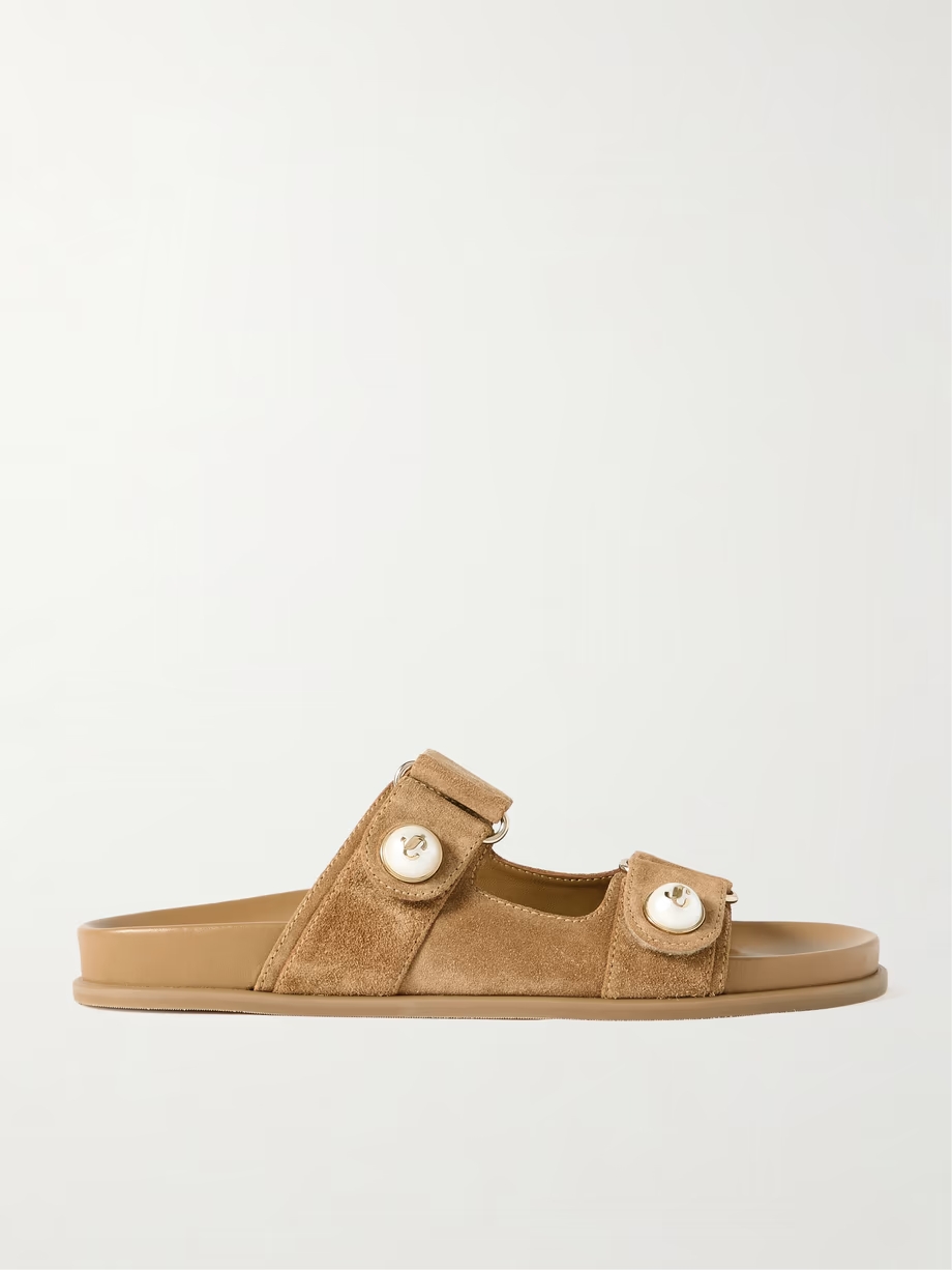 Fayence faux pearl-embellished suede slides