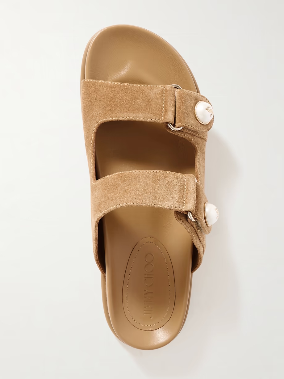 Fayence faux pearl-embellished suede slides