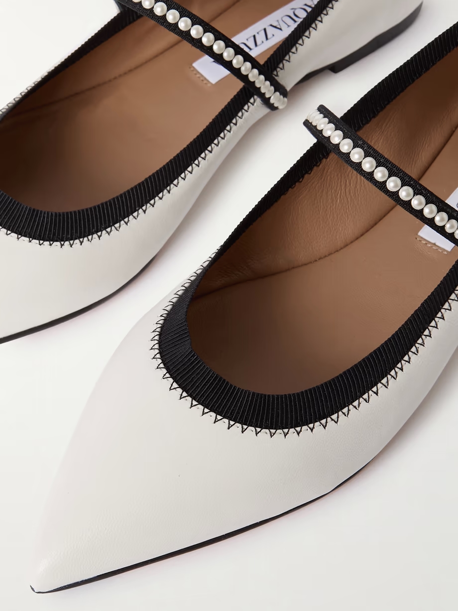 Romy embellished grosgrain-trimmed leather ballet flats