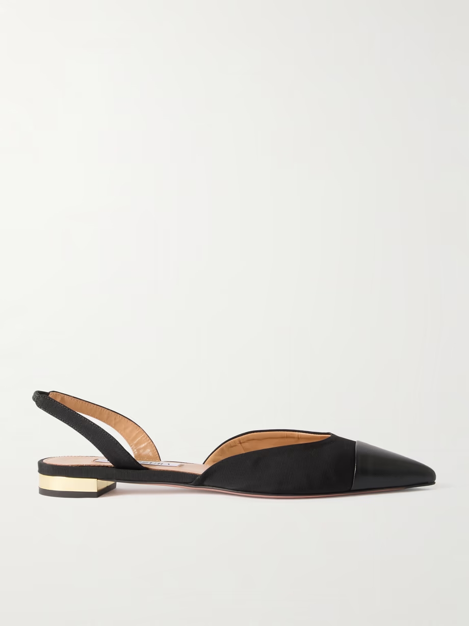 Milanese leather-trimmed grosgrain slingback flats